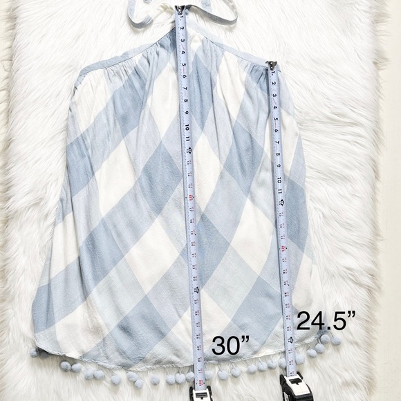 Tularosa Revolve Blue Checkered Plaid Pom Pom Halter Tie Neck Backless Dress - Picture 14 of 14